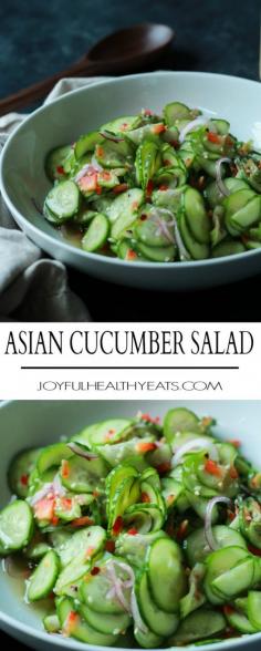 An easy to make Asian Cucumber Salad that's full of crunchy cucumber, rice wine vinegar, and a few secret ingredients! Can be served as a refreshing summer salad or the condiment to a sandwich! | joyfulhealthyeats.com