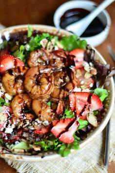 You will love this summer shrimp salad made with Balsamic Shrimp, strawberries, Feta cheese, almonds and balsamic reduction.