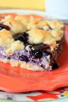 Blueberry Cobbler Sugar Cookie Squares ~ sweet blueberry cheesecake filling sandwiched between a sugar cookie crust. So simple and irresistible | Mostly Homemade Mom