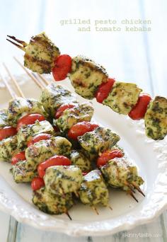 Grilled Pesto Chicken and Tomato Kebabs | Skinnytaste combined this recipe with other pesto chicken kebabs bc we don't have grill :(