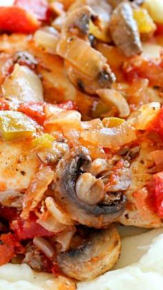 
                    
                        Chicken Cacciatore Recipe ~ Full of chicken and vegetables in a flavorful tomato sauce... It’s an easy, comforting and healthy dinner the whole family will love!
                    
                