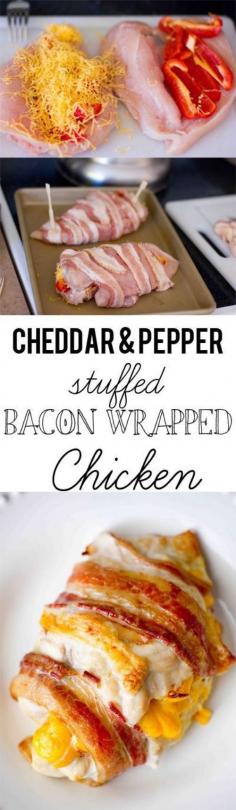 Cheddar and pepper stuffed bacon wrapped chicken- deceptively easy to make and SO GOOD! The technique at sweetcsdesigns helps keep chicken moist and flavorful in the oven #chicken #bacon #THM #smeal