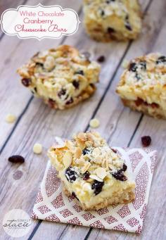 
                    
                        White Chocolate Cranberry Cheesecake Bars - A smooth, creamy, rich cheesecake filling and a crunchy shortbread cookie crust base makes for a divine dessert!
                    
                