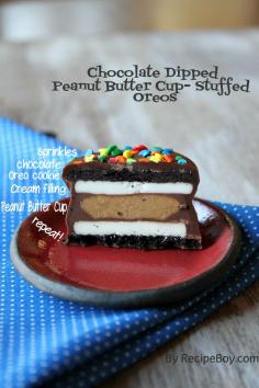 Chocolate Dipped Peanut Butter Cup Stuffed Oreos = food coma