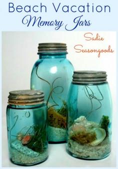 
                    
                        Vintage or antique aqua mason jars with bubbles in the glass look just like the ocean, so why not fill them with treasures from your summer beach vacation? A little sand...some seashells...maybe a sponge or piece of coral? The perfect summer craft for coastal decor. #SadieSeasongoods
                    
                