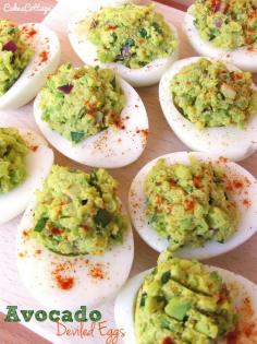 Avocado Deviled Eggs - Mash 1 large avocado with 3 egg yolks Add: -1 tsp cilantro -3 tsp lime juice -1 tbsp red onion -pinch of salt and pepper Top with paprika