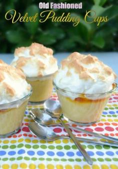 
                    
                        These old-fashioned Velvet Pudding cups are silky smooth with a delicious sweet layer between the pudding and the meringue ~ Quick to make and can be served at room temperature or warm
                    
                