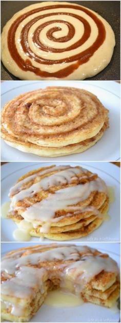 Cinnamon Roll Pancakes ~ These pancakes are FABULOSITY! Addisyn will FLIP- two of her favorite breakfast foods in one!
