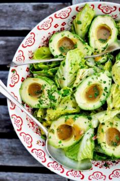 Avocado Salad Dressing Bowls! (lovely food presentation, but I'd hollow the avocado out more so more dressing would fit and serve one per salad)