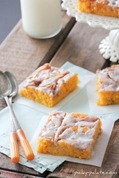 A definite try this fall -  Cinnamon Roll Pumpkin Vanilla Sheet Cake. Would sub homemade vanilla cake batter for the box mix, though.