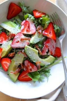 Strawberry Avocado Kale Salad with Bacon Poppyseed Dressing #healthy #foodie #food #summer #salad #yum