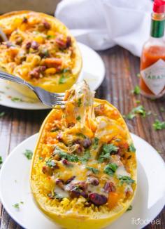 Tex Mex Spaghetti Squash Boats Recipe -- Low carb, vegetarian and gluten free dinner that is so easy and scrumptious. You will love these healthy boats even if you never tried spaghetti squash before! #spaghetti #squash #recipe #vegetarian #glutenfree #food #rethinkhealthy