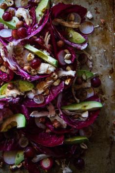 Raddichio, Chicken, Avocado and Grapes with Toasted Hazelnuts and a Honey Balsamic Vinaigrette.