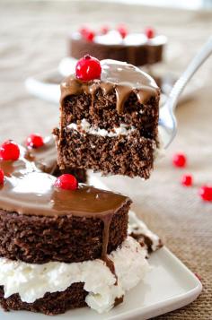 The Easiest Mini Chocolate Cakes that have a bakery style look. Very moist chocolaty layers filled with whipped cream.  giverecipe.com | #cake #chocolate #chocolatecake #berries #cranberries #baking #dessert #minicake