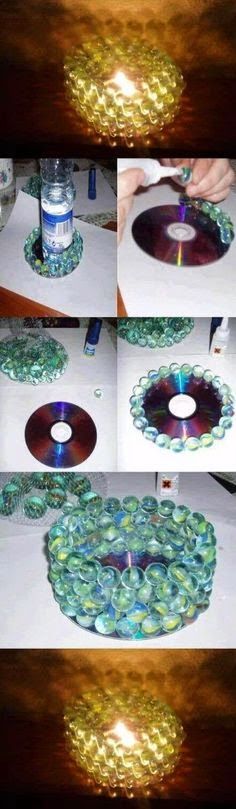 DIY candle holder using a cd and some old marbles looks like it could be bright