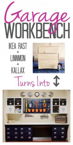 Our DIY work bench was put together with IKEA supplies to keep the price low. Using RAST dressers, LINNMON table tops, and KALLAX shelves let us customize the perfect space on a budget. Recreate this workbench to get your garage organized!