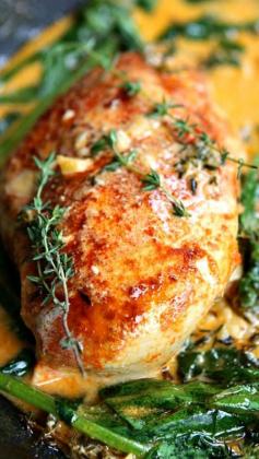 
                    
                        Paprika Chicken & Spinach with White Wine Butter Thyme Sauce
                    
                