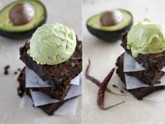 Delectable dessert - does food get any better than this? Avocado Chili Brownies Topped with Avocado Tequila Ice Cream