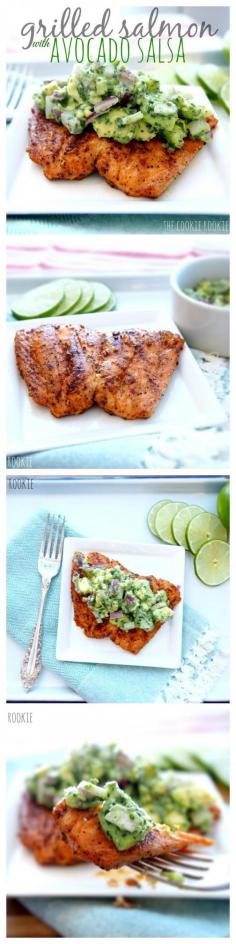 Grilled Salmon with Avocado Salsa. Delicious, healthy and easy. Perfect for the warmer weather! {The Cookie Rookie}