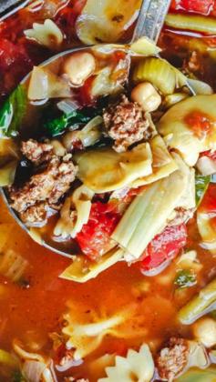 
                    
                        Italian Sausage Minestrone Recipe ~ With chickpeas, artichoke hearts, green beans, fresh herbs like parsley and basil, and more!
                    
                