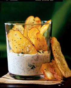 Homemade baked potato chips with a hint of olive oil + Parmesan cheese, herb, and garlic dip!