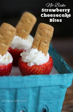 No-Bake Strawberry Cheesecake Bites - Fun food doesn't take a lot of time to make. How many times have you been invited to a party, but have no time to bake? Instead of running out to buy a ready-made dessert, consider making some fast and easy No-Bake Cheesecake Stuffed Strawberry Bites! With five ingredients and a few simple steps, eBay will get your dessert to be the hit of the party! Click through for recipe!