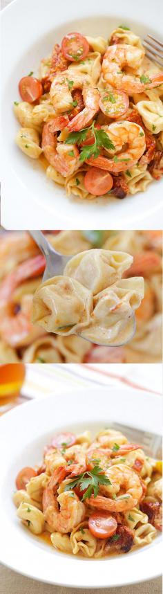 Amazing recipe for homemade Shrimp & Sun-Dried Tomato Tortellini. Budget-friendly and tastes better than any Italian restaurant's! | rasamalaysia.com