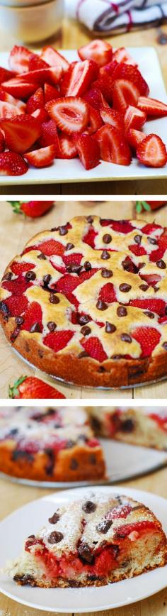 Strawberry chocolate chip cake.  Colorful, easy to prepare, light and fluffy cake texture -  perfect for the Summer! (springform pan desserts)