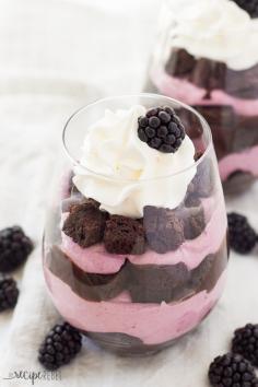 Chocolate Blackberry Cheesecake Trifles: Chocolate cake or brownies layered with no-bake blackberry cheesecake and homemade chocolate pudding -- a rich, chocolatey, fruity dessert that's perfect any time of the year! Make from scratch or use optional shortcuts to keep things quick and easy! www.thereciperebel.com