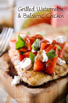 Grilled Watermelon & Balsamic Chicken - A tender chicken breast topped with grilled watermelon, soft goat cheese, fresh mint and a drizzle of balsamic reduction for a fresh summer meal that is healthy and delicious! #Chicken #Watermelon #Grilled #GoatCheese #Light #Healthy #DinnerIdea