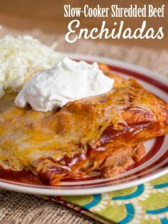 SLOW COOKER SHREDDED BEEF ENCHILADAS  These delicious enchiladas are made easy with 2-ingredient slow cooker shredded beef! (Weary Chef)