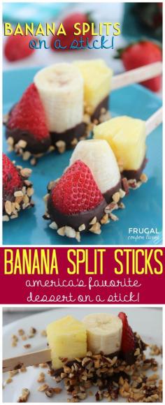 Banana Split Sticks – #Dessert on a Stick! Great summertime snack idea, a fun alternative to messy ice cream. Details on Frugal Coupon Living. #recipe