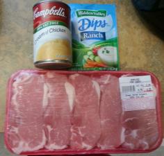 Crock Pot - Boneless Pork Chops, Ranch Seasoning, Cream of Chicken, Corn (optional), 1 cup of water, Seasoning of your choice,,,, This recipe is extremely easy just combine all ingredients in the slow cooker. Cook for 4 hours on high or 8 on low.