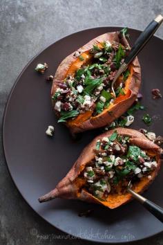 Super cozy food. Baked Stuffed Sweet Potato Recipe from Gourmande in the Kitchen Baked Sweet Potatoes Stuffed with Feta, Olives and Sundried Tomatoes