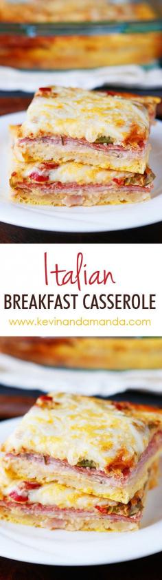 ADD SLICED TOMATO TOO YUM!!  An easy, cheesy, Italian Breakfast Casserole. Layer crescent rolls, ham, salami, eggs, bell peppers and cheese, then bake for 30 mins. Perfect for breakfast, lunch, or breakfast for dinner!
