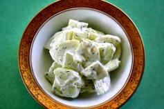 Cucumber yogurt tzatziki, a simple salad of peeled, sliced cucumbers, yogurt, dill, and salt and pepper.  To accompany spicy dishes. low carb