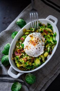 Feasting At Home //Brussel Sprout Bacon Hash topped w/ pillowy poached eggs and Aleppo chili pepper