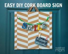 This Easy DIY Chevron Cork Board Sign not only brings a smile to someone's face, but it is a functional cork board perfect for kitchen or bedroom. Super easy. Very inexpensive and a great summer craft project.