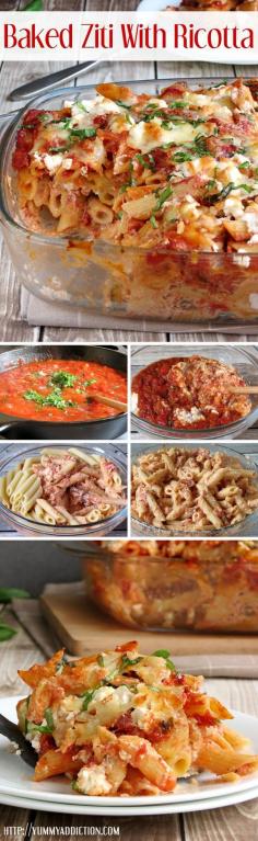 Baked Ziti With Ricotta | http://YummyAddiction.com #pasta #recipe #healthy #recipes #easy