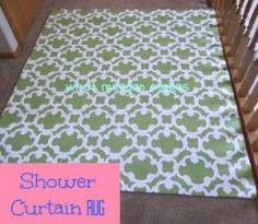 DIY rug made from fabric shower curtain and cheap rug.