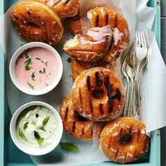 BHG's Newest Recipes:Grilled Doughnuts Recipe with strawberry basil dip and mint julep dip