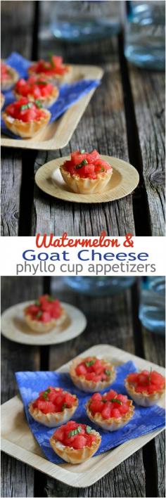 
                    
                        Watermelon and Goat Cheese Phyllo Bites...76 calories and 2 Weight Watchers PP for 3 tasty bites! | cookincanuck.com #healthy #recipe #appetizer
                    
                