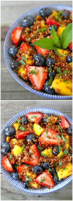 Quinoa Fruit Salad with Honey Lime Dressing on twopeasandtheirpod.com. This would be the perfect #healthy dessert for summer.