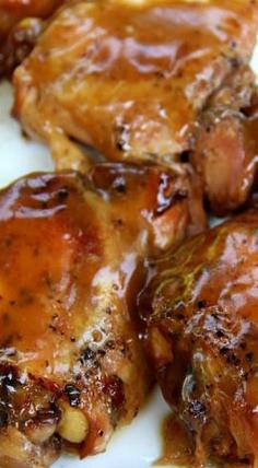 Slow Cooker Crock Pot Brown Sugar Chicken- Chicken thighs, simply seasoned & slow cooked with a mixture of pineapple juice, brown sugar & soy sauce, that is thickened & brushed on as a finishing glaze!