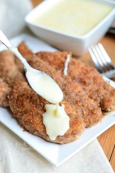 Pecan Crusted Chicken Tenders with Cheese Sauce | from willcookforsmiles.com #cheesy #dinner