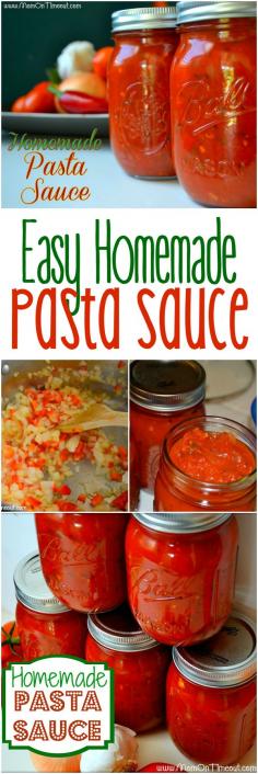 This Easy Homemade Pasta Sauce recipe is a great way to use all those fresh veggies in your garden! Not into canning? No worries, this sauce can be frozen in ziploc bags as well! | https://MomOnTimeout.com  #pasta #recipe #noodles #dinner #recipes