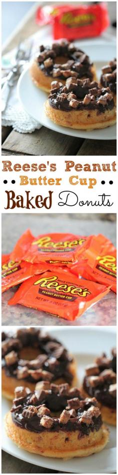 Reese's Peanut Butter Cup Baked Donuts!  Soft, baked and packed with Reese's. Great dessert recipe.