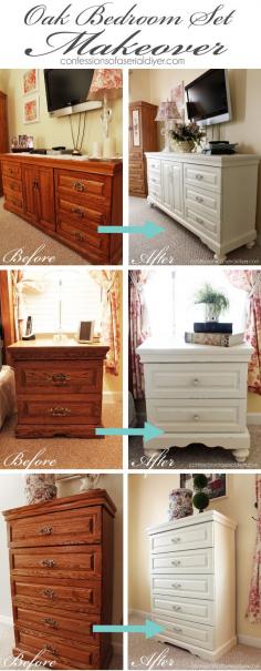Oak bedroom set painted in DIY chalk paint. Love the difference adding feet makes!