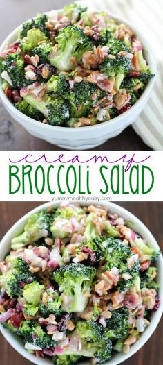 Need an easy side dish? Make this Creamy Broccoli Salad! It's full of fresh broccoli, red onion, dried cranberries, sunflower seeds and bacon mixed in a creamy, delicious dressing. Always a hit! - I use walnuts instead