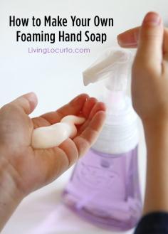 How to Make DIY Foaming Hand Soap - This one is the easiest to make!                             1. Fill the empty bottle 1/4 full of dishwashing soap. 2. Fill the rest of the bottle with water. 3. Put the cap back on and shake.